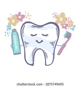 Diente con cepillo de dientes Pasta dental, sonriente. aislado en blanco con flores