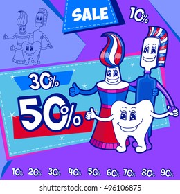 Tooth with a toothbrush And toothpaste, smiling. Sale banner template and special offer. 10% off. 20% off. 30% off. 40% off. 30% off. 40% off. 50% off. 60% off. 70% off. 80% off. 90% off.