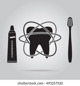 Tooth, Toothbrush and Tube of Toothpaste icon, protection tooth hygiene concept, dentist icon