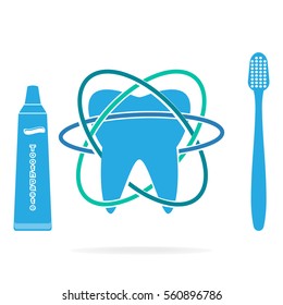 Tooth, Toothbrush and Tube of Toothpaste icon, protection tooth hygiene concept, dentist icon