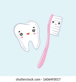 Tooth and toothbrush. Vector illustration for dentistry. Kawaii characters.
