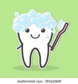 Tooth and toothbrush.Tooth crown in foam bubbles. Teeth hygiene. Vector illustration