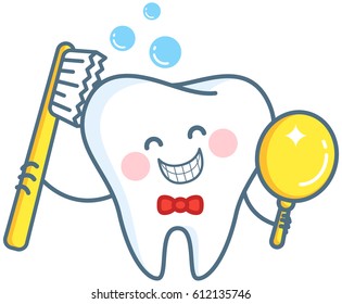 Tooth and toothbrush.Tooth crown in foam bubbles. Teeth hygiene. Vector illustration