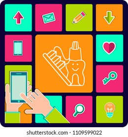 Tooth, toothpaste and brush. Stomatology. Vector.
