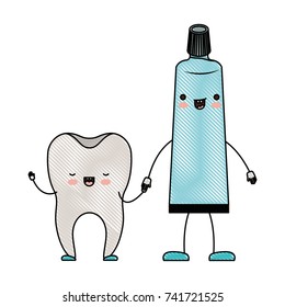 tooth and toothpaste in cartoon holding hands in colored crayon silhouette vector illustration