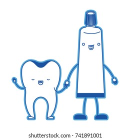 tooth and toothpaste in cartoon holding hands in blue silhouette vector illustration