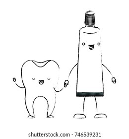tooth and toothpaste in cartoon holding hands in monochrome blurred silhouette vector illustration