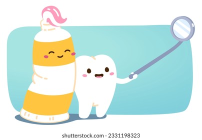 Los personajes dentífricos y dentífricos se ven en el espejo dental. Funny molar de dibujos animados sanos, pegatina de tubo de pasta dental. Atención médica, odontología, protección de dientes, concepto de higiene ilustración vectorial plana