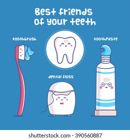 tooth, toothpaste, dental floss, toothbrush vector, illustration
