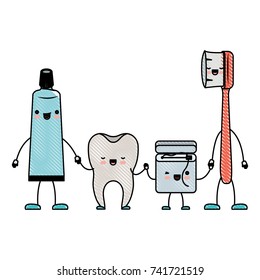 tooth and toothpaste and dental floss and toothbrush in cartoon holding hands in colored crayon silhouette vector illustration