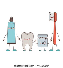 tooth and toothpaste and dental floss and toothbrush in cartoon holding hands in colorful silhouette vector illustration