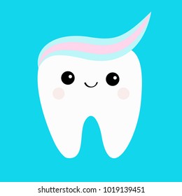 Tooth with toothpaste hair. Cute funny cartoon smiling character. Paste on head. Children teeth care icon. Oral dental hygiene. Tooth health. Baby background. Flat design. Vector illustration