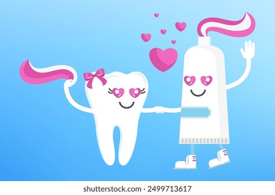 Tooth and toothpaste holding hands with love in eyes. Dental health, dentistry concept. Oral hygiene. Flat cartoon vector illustration for childrens clinic.