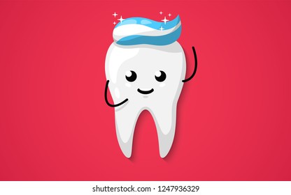 Tooth with toothpaste isolated on a red background. Clean shining happy and smiling. Cute cartoon character. Dental health. Simple cartoon design. Flat style vector illustration.
