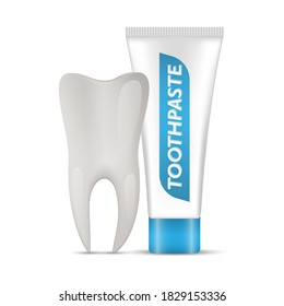 Tooth and toothpaste isolated on white background, Whitening toothpaste advertisement, vector illustration