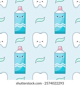 Tooth and toothpaste. Seamless pattern. The concept of pediatric dentistry and oral care