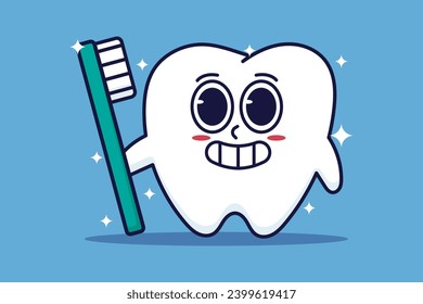 Tooth with toothpaste and toothbrush cartoon vector illustration graphic design