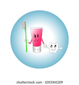 Tooth, toothpaste, toothbrush. Cute funny cartoon smiling character. Children teeth care icon. Oral dental hygiene. Tooth health. Baby background. Flat design. Vector illustration