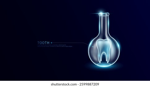 Tooth transparent in beaker glass sphere test tube on dark blue background. Internal organ anatomy sample medical science experiment. Research genetic scientific concept. Vector EPS10.