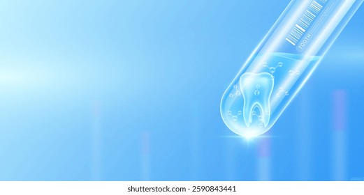 Tooth transparent and molecule in glass test tube with empty space for text. Human internal organ anatomy sample science research experiment. Medical scientific concept. Banner vector.