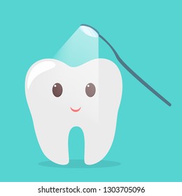 Tooth treating with dental mirror. Idea of oral care. Caries treatment. Drilling tooth. Isolated flat vector illustration