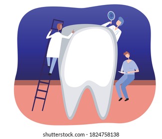 Tooth treatment, examination by orthodontists, dentists. Flat vector stock illustration. Dental treatment concept, caries prevention, tooth examination. Dental illustration with orthodontists, tooth