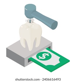 Tooth treatment icon isometric vector. Caries removing process and dollar bill. Dentistry, stomatology, healthcare concept