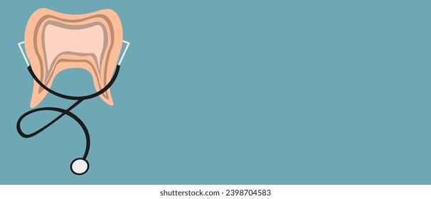 
Tooth in trendy cut out paper style with stethoscope. 3d healthy Tooth and copy space. Dental care. Vector illustration can used web icon, element, banner and poster for dental clinic.