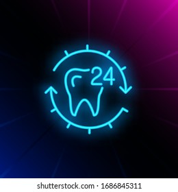 Tooth and twenty four hour service neon sign. Around-the-clock dental clinic advertisement design. Night bright neon sign, colorful billboard, light banner. Vector illustration in neon style.