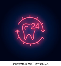 Tooth and twenty four hour service neon sign. Around-the-clock dental clinic advertisement design. Night bright neon sign, colorful billboard, light banner. Vector illustration in neon style.