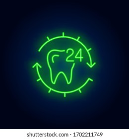 Tooth and twenty four hour service neon sign. Around-the-clock dental clinic advertisement design. Night bright neon sign, colorful billboard, light banner. Vector illustration in neon style.