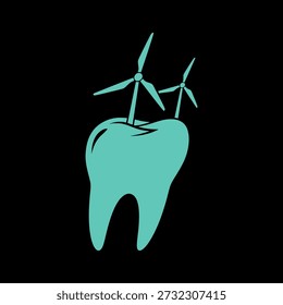 A tooth with two wind turbines on top, symbolizing eco-friendly dentistry and sustainable energy