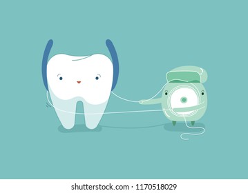 Tooth using dental floss for white teeth, dental vector concept.