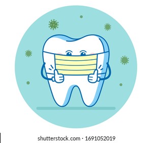 O dente usa máscara cirúrgica para prevenir a propagação de COVID-19 ou Coronavírus. Ilustração ou sinal dentário para informar e incentivar os pacientes.