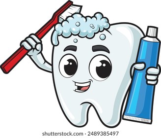 Tooth using toothbrush to brush itself vector illustration