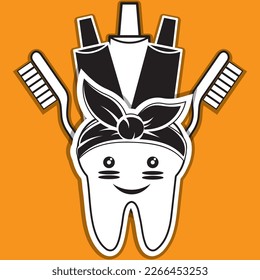 Tooth vector graphics, tooth in a bandage, logo, postcard. Toothbrush and paste