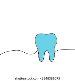 Tooth vector icon drawn with one continuous single line. Human tooth with roots in sketch style.