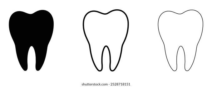 Conjunto de iconos de Vector de dientes. Símbolo de cuidado dental. Signo de dentista. Salud y medicina. Diferentes versiones en un diseño plano. Silueta y contorno negros.