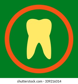 Tooth vector icon. Style is bicolor flat rounded symbol, orange and yellow colors, rounded angles, green background.