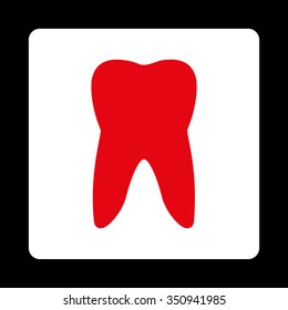 Tooth vector icon. Style is flat rounded square button, red and white colors, black background.