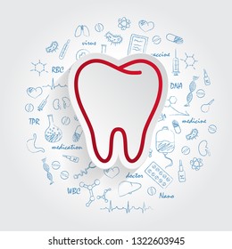 Tooth vector silhouette on handdrawn healthcare doodles background. Tooth Icon Vector.