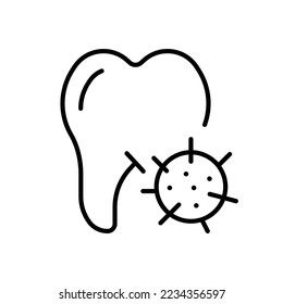 Tooth with virus line icon. Dentist, enamel, anesthesia, brush, mouth, artificial limb, toothpaste, injection, doctor, diploma. Health care concept. Vector line icon on white background