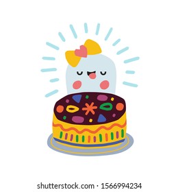 Tooth wants to eat a sweet cake. Color vector illustration for postcards and t-shirts. Funny childish picture about the love of sweets.
