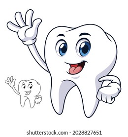 Tooth Waving Hand with Line Art Drawing, Health and Dental Medicine, Vector Character Illustration, Cartoon Mascot Logo in Isolated White Background.