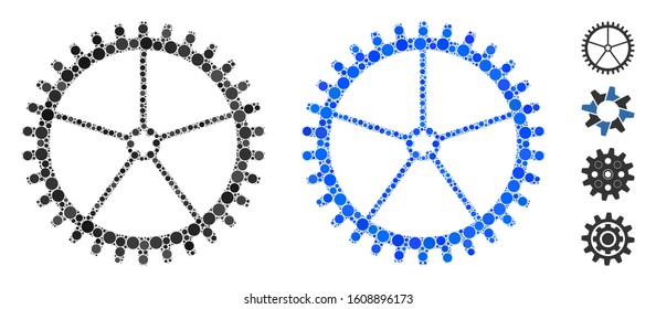 Tooth wheel mosaic of round dots in different sizes and color tinges, based on tooth wheel icon. Vector round dots are united into blue illustration.