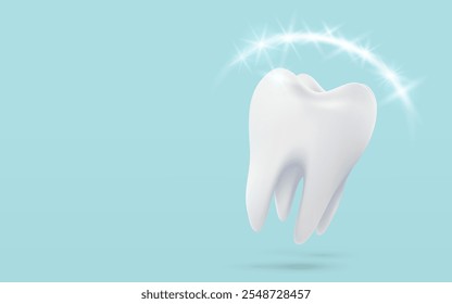 Tooth white, 3D illustration of a tooth, healthy glowing tooth. Shield around white tooth. Dental care, protection and whitening. Vector illustration