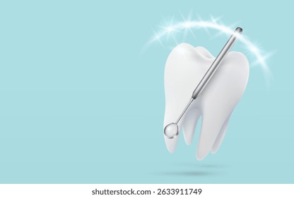 Tooth white, 3D illustration of a tooth, healthy glowing tooth. Shield around white tooth. Dental care, protection and whitening. Vector illustration