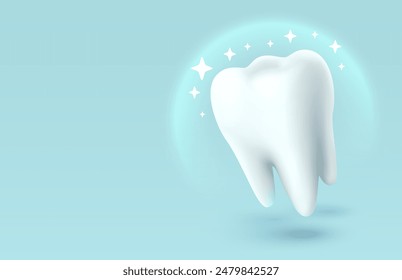 Tooth white, 3D illustration of a tooth on a light background. Vector illustration