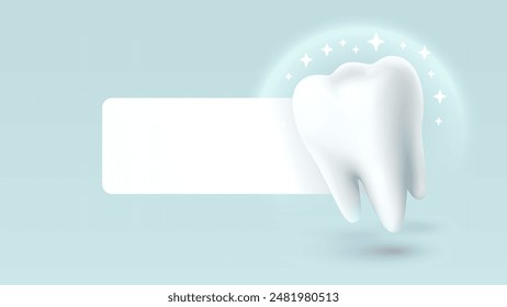 Tooth white, 3D illustration of a tooth on a light background. Vector illustration