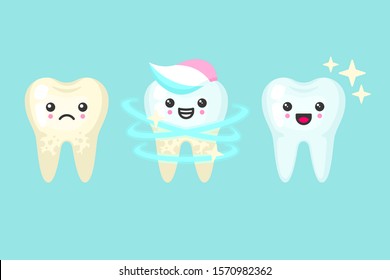 Tooth whitening and cleaning stomatology concept. Cute colorful cartoon vector teeth isolated illustration